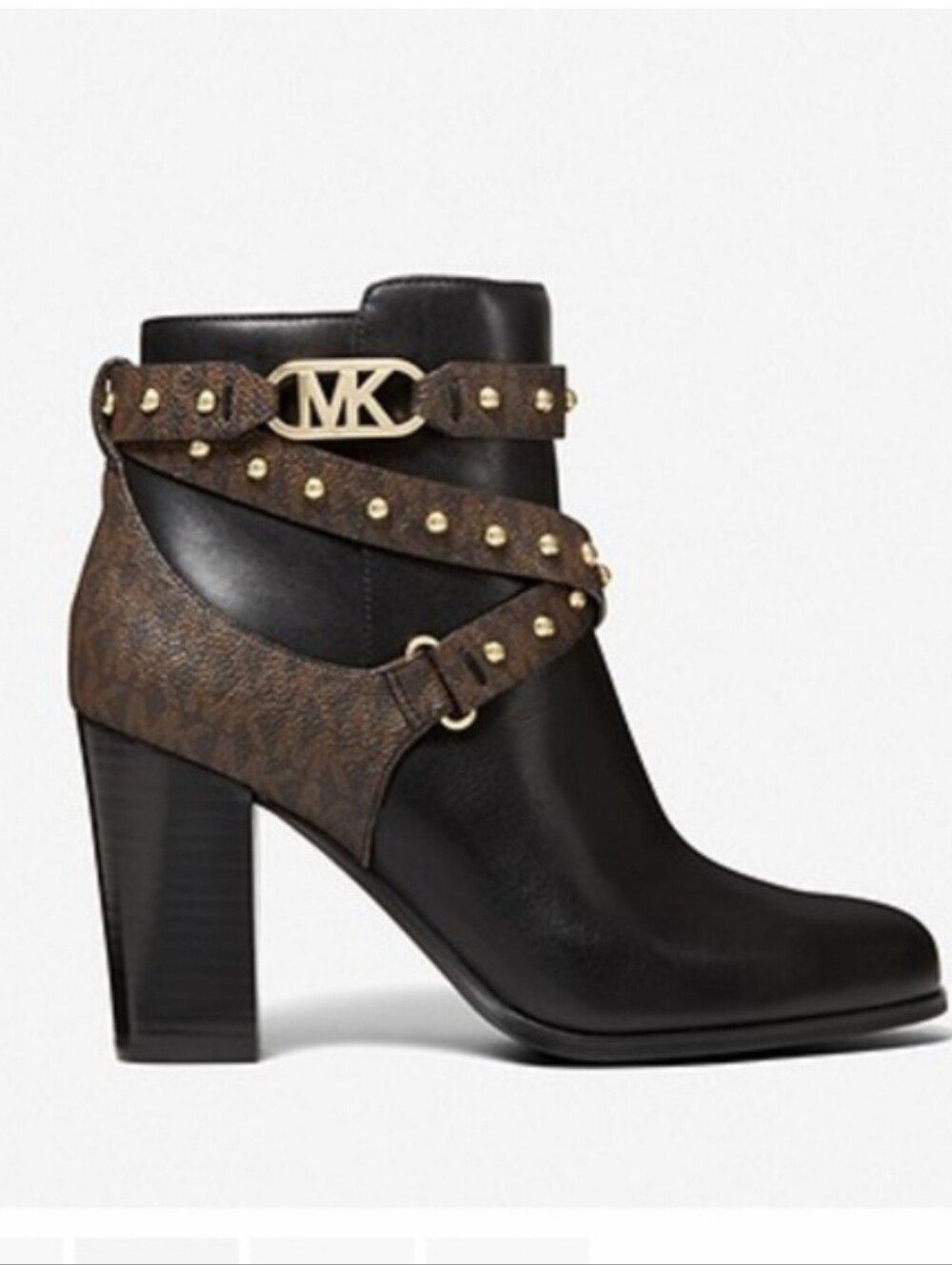 Michael Kors Kincaid Studded Logo Stacked Heel Ankle Boots Black & Brown Size 8